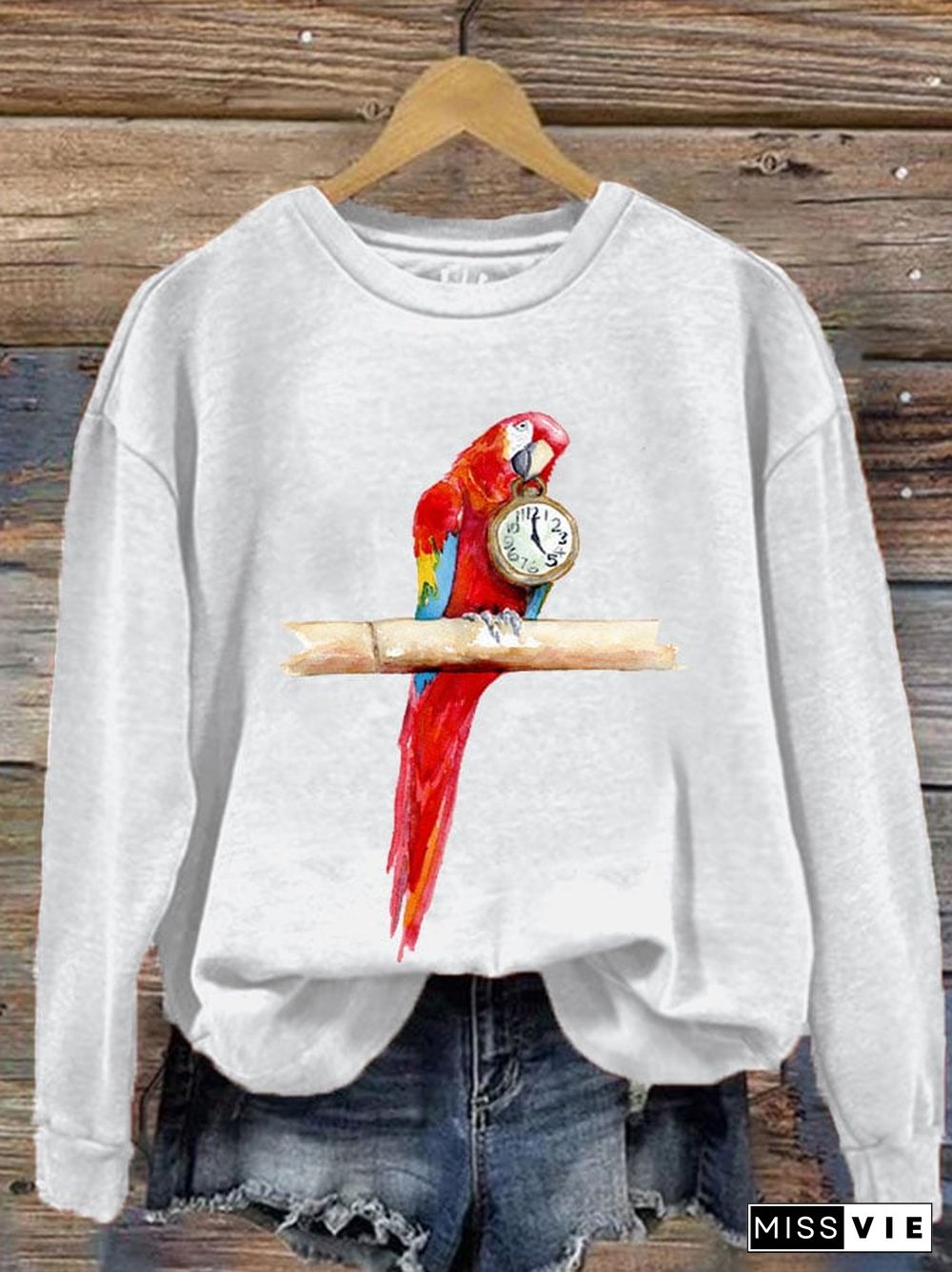 Women's Jimmy Watercolor Five O'Clock Parro Print Casual Sweatshirt