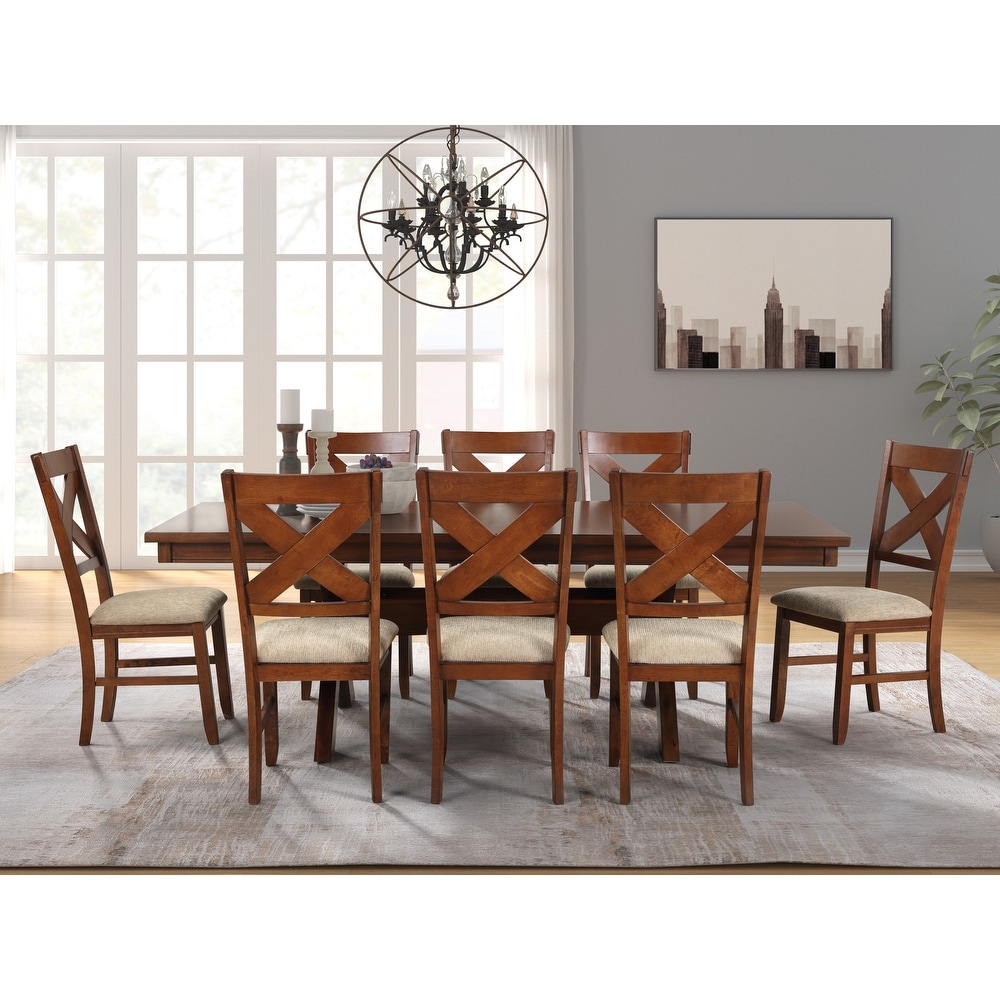 Roundhill Furniture Karven Wood 9 Piece Dining Set  Extendable Trestle Dining Table with 8 Chairs  Dark Hazelnut