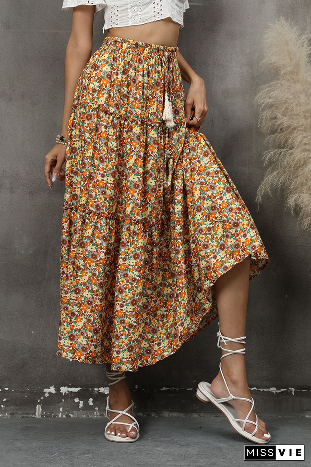 High Waist Draswstring Boho Flower Print Splicing Skirt Dress