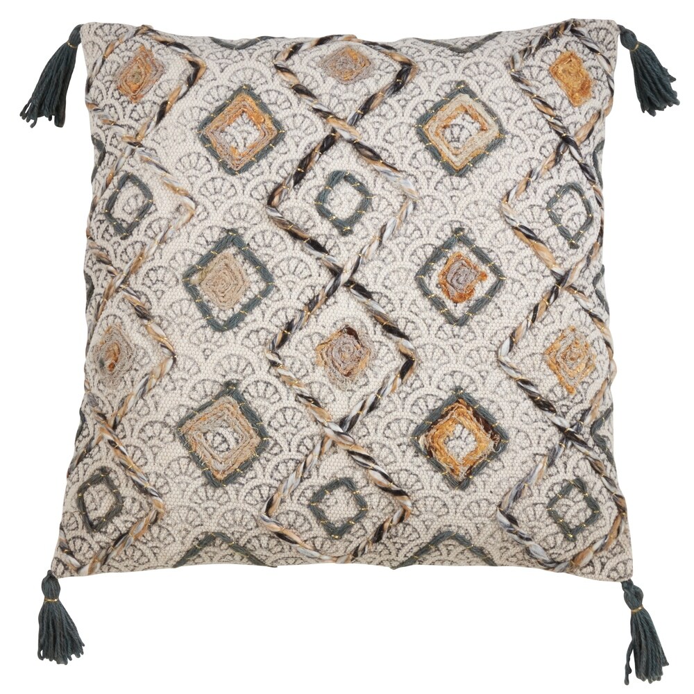 Tasseled Pillow With Block Print Embroidered Design