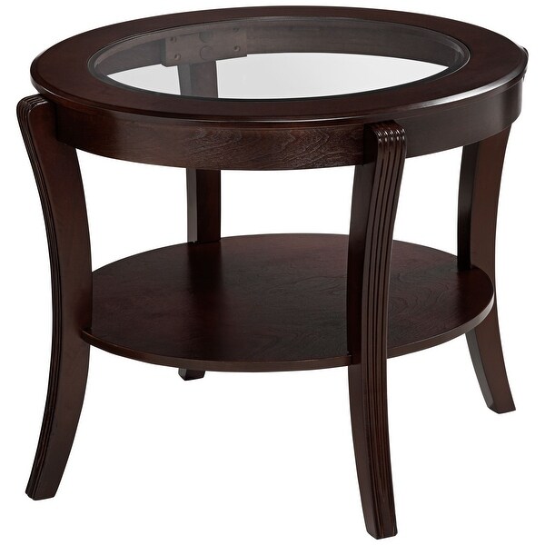 Oval Top Wooden End Table with Glass Insert and Open Shelf， Espresso Brown - 24 H x 27 W x 31 L Inches