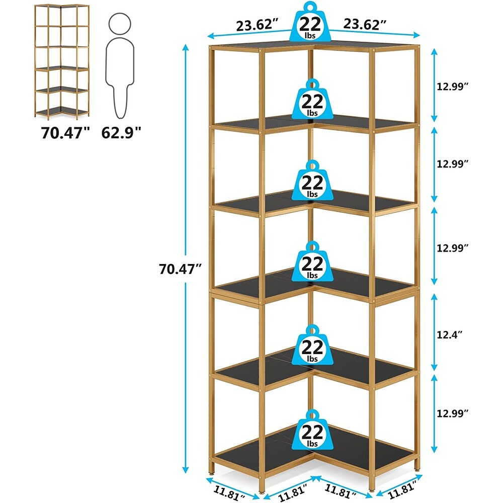 6 Shelf Corner Bookshelf  70.9 Inch L Shaped Bookcase for Small Space