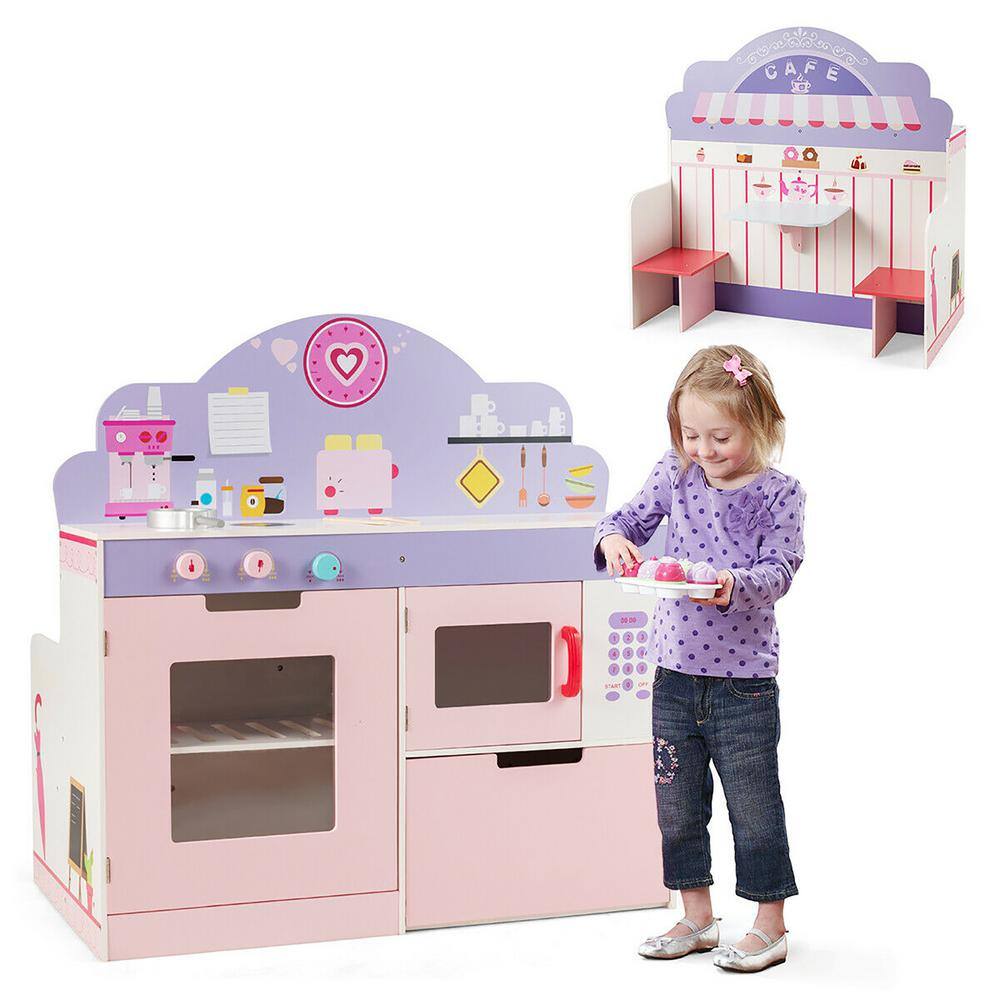 Costway 2-in-1 Kids Play Kitchen and Cafe Restaurant Wooden Pretend Cooking Playset Toy Pink HW64637