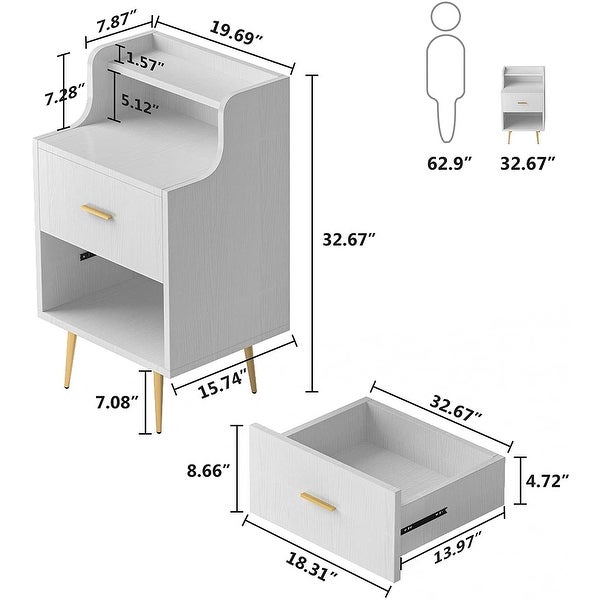 2 Drawer Nightstand Modern Bedside Table with Golden Metal Legs