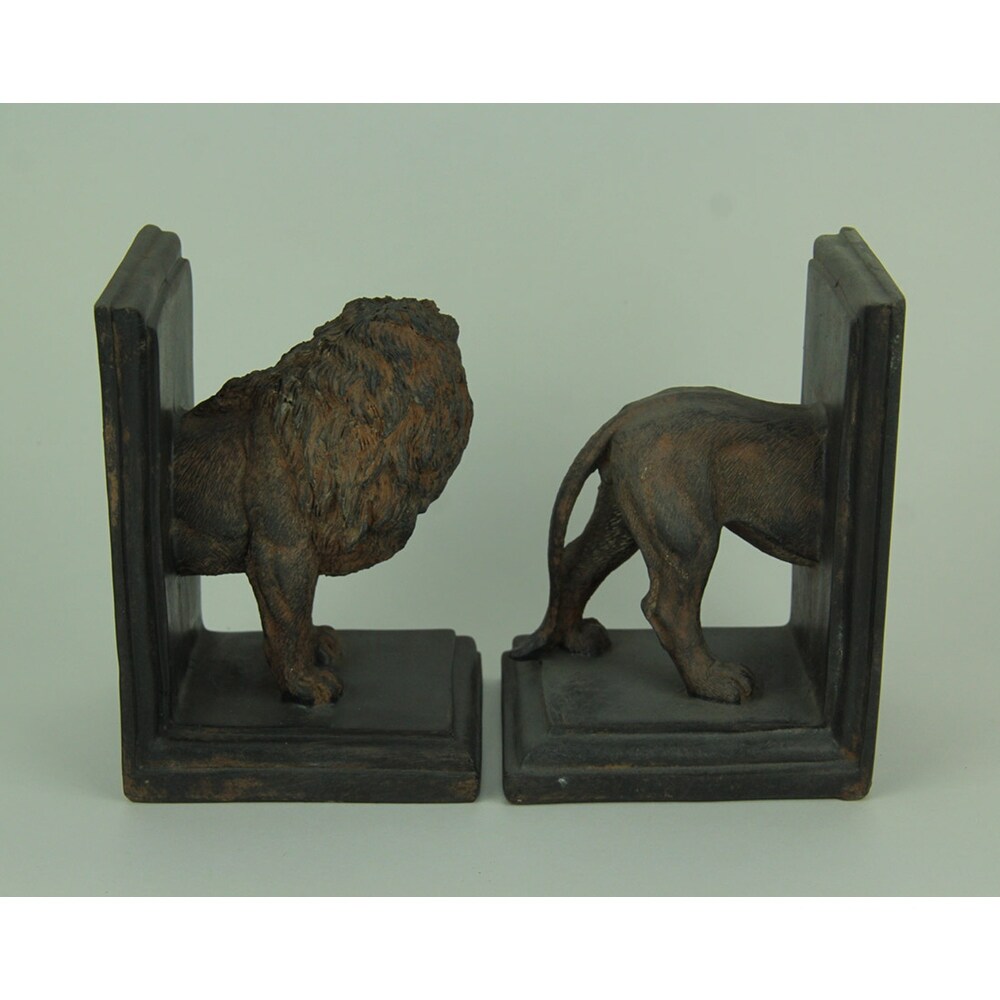 Antique Stone Finish Lion Top And Tail Bookend Set   6.5 X 4.25 X 4 inches