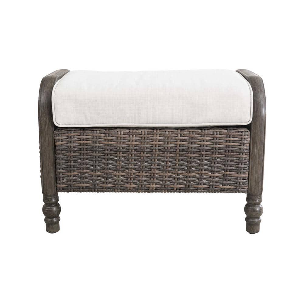 Hampton Bay Windsor Brown Wicker Outdoor Patio Ottoman with CushionGuard Biscuit Tan Cushions