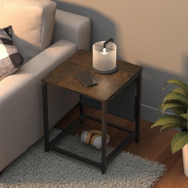 Rustic Small Side Table with Storage Bag and Rack