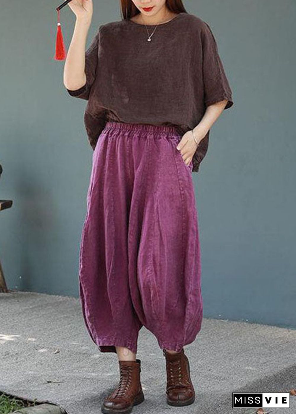 Casual Purple Elastic Waist Pockets Patchwork Cotton Lantern Pants Summer