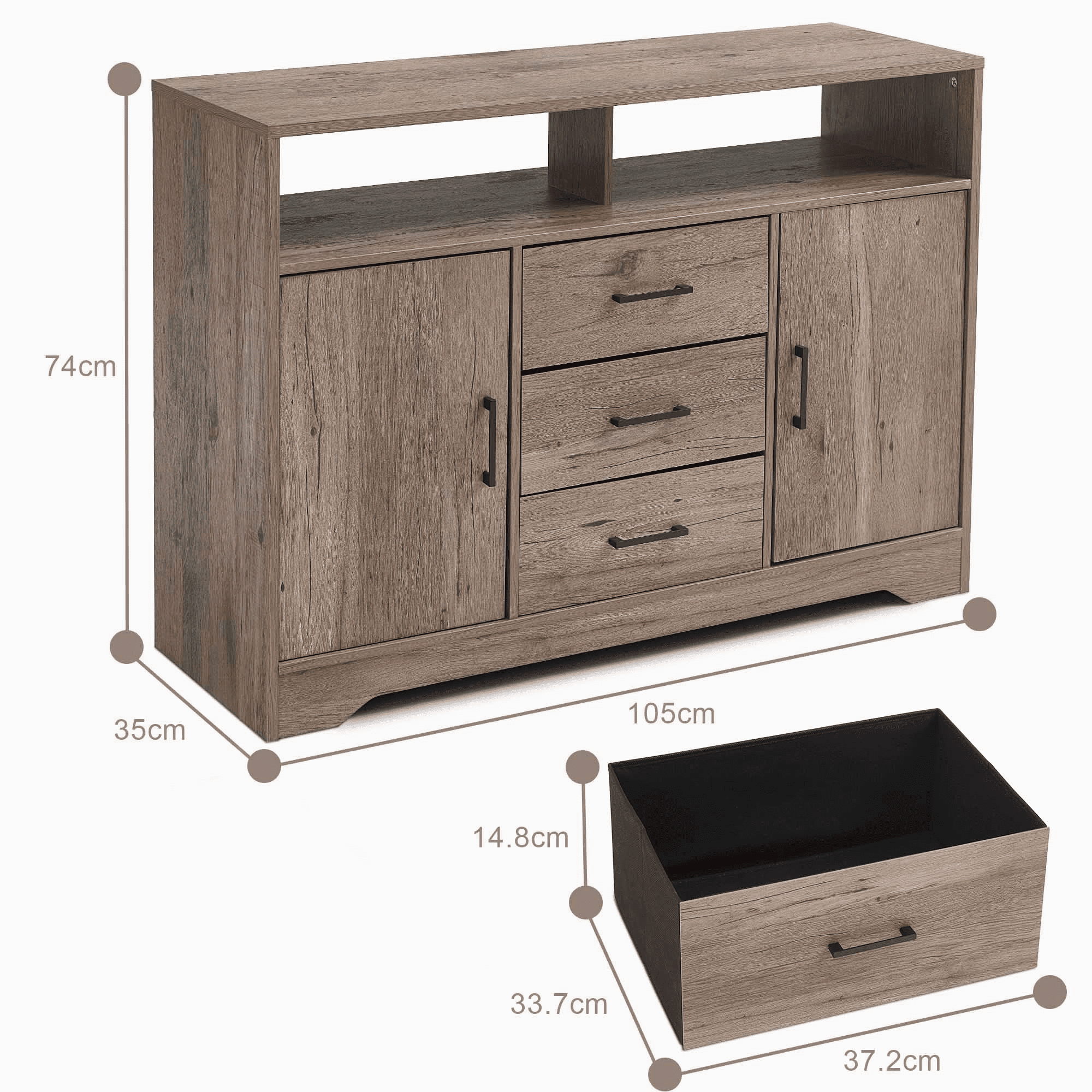 FRAPOW 3 Drawer Dresser for Bedroom, Horizontal Dresser W/ 2 Door Cabinet, 2 Open Storage, Brown