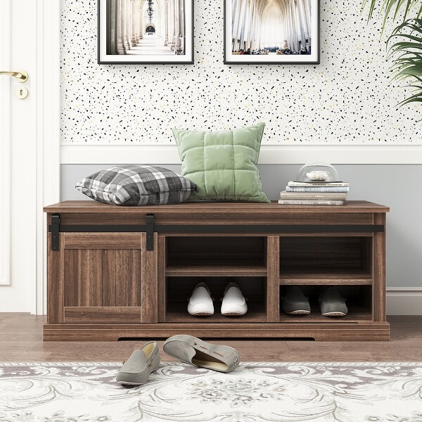 Storage Bench with a Sliding Door and Adjustable Shelf in entryway (Barnwood)