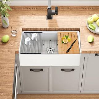 Maincraft White Fireclay 33 in. Single Bowl Farmhouse Apron Workstation Kitchen Sink with Bottom Grid HK12-2567038