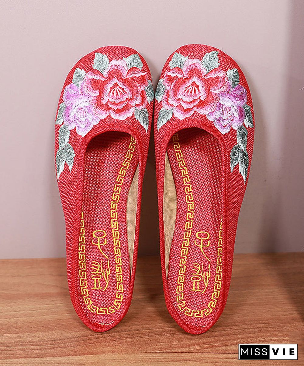 Red Slide Sandals Floral Embroideried Linen Fabric Slides For Women