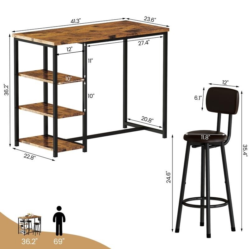 3 Pieces Industrial Bar Table Set  Counter Height Kitchen Pub Table Set with 3 Storage Shelves and Upholstered Stools