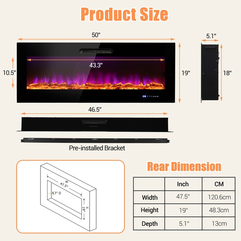 50 or 60 Inch Electric Recessed and Wall Mounted Fireplace w Remote