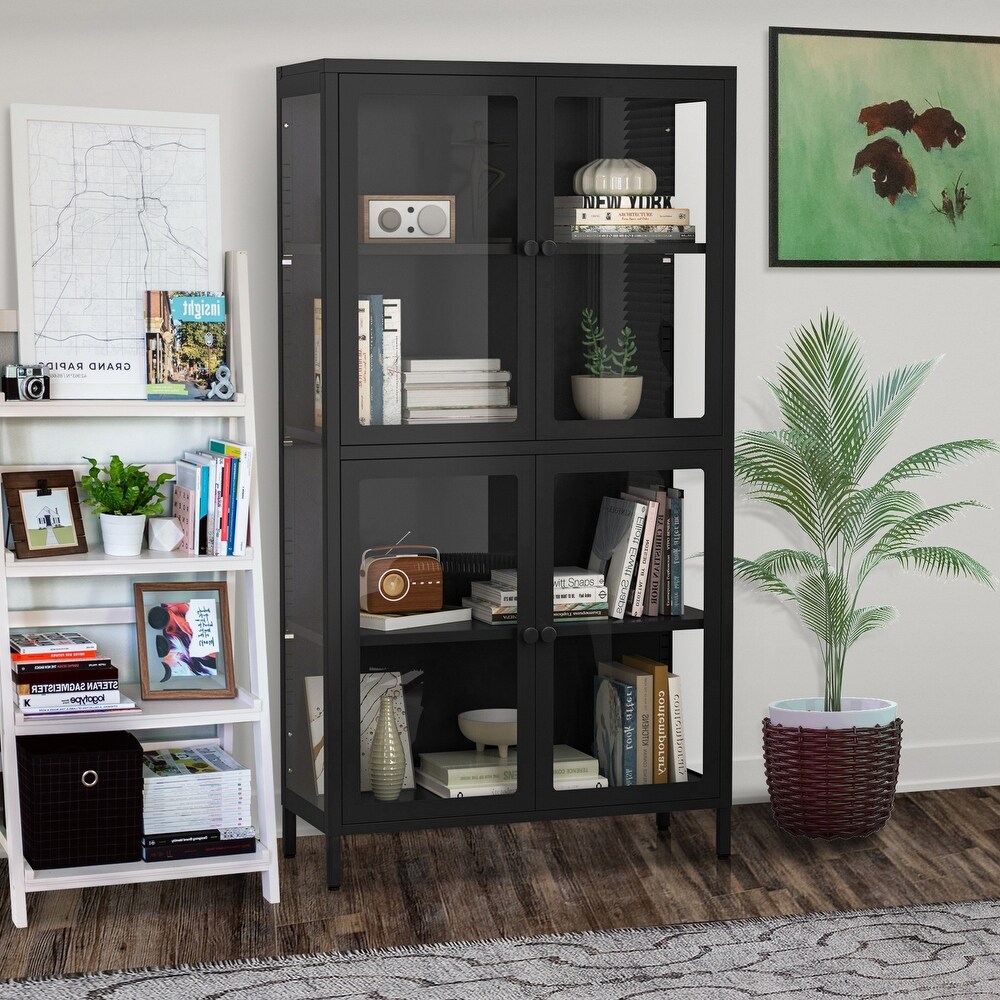 Modern Four Glass Door Storage Cabinet with Adjustable Shelves