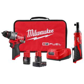 MW M12 FUEL 12-Volt Lithium-Ion Brushless Cordless 12 in. Hammer Drill Driver Kit with M12 38 in. Ratchet 3404-22-2457-20