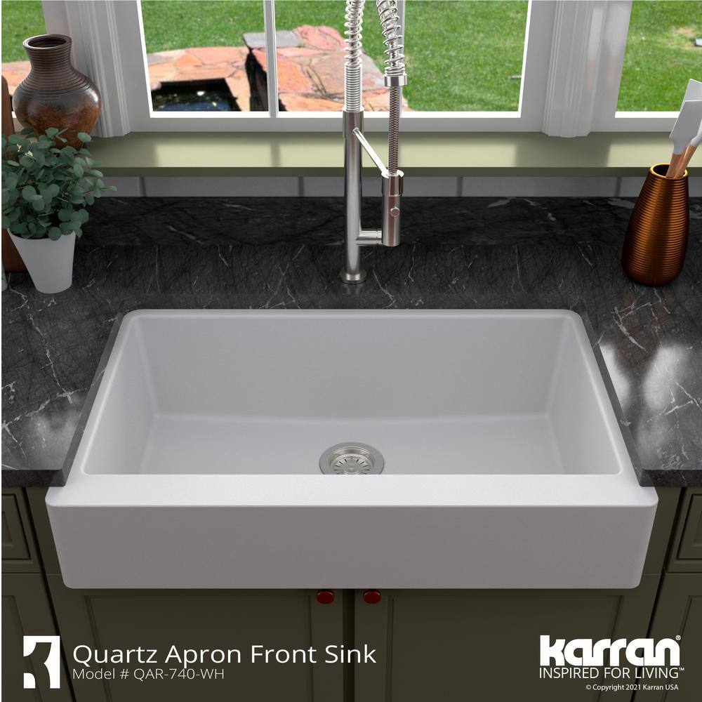 Karran QAR-740 QuartzGranite 34 in. Single Bowl Retrofit FarmhouseApron Front Kitchen Sink in White with Grid and Strainer QAR-740-WH-PK1