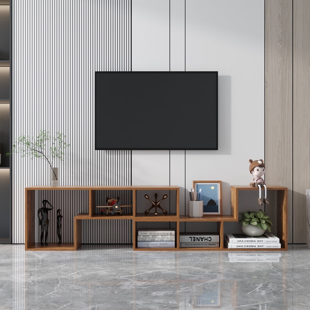 Living Room Bookcase Double L Shaped Low Floor TV Stand with Multi Display Storage Shelves Open Cubes Compartments Walnut