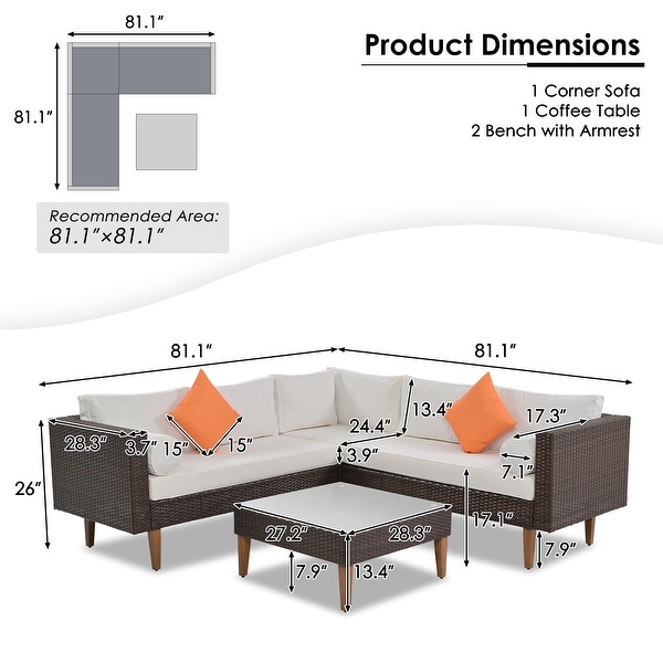 4pieces Outdoor Patio Wicker Sofa Set Lshape Sectional Sofa Couch Sets Furniture with Pillows and Coffee Table for Garden