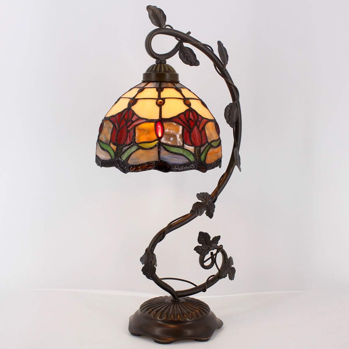 GEDUBIUBOO  Lamp Red Stained Glass Tulip Table Lamp  Metal Leaf Base 8X10X21 Inches Reading Desk Light Decor Small Space Bedroom  Office S030 Series