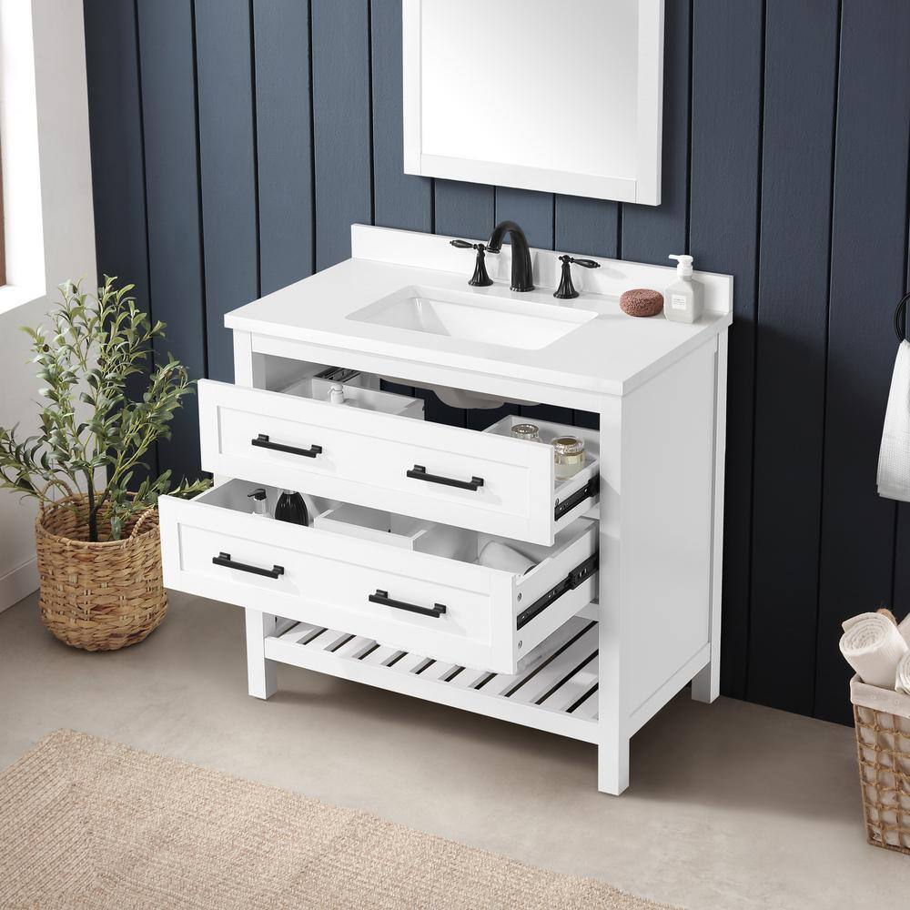 Home Decorators Collection Autumn 36 in. W x 19 in. D x 34.50 in. H Freestanding Bath Vanity in White with White Engineered Stone Top Autumn 36W