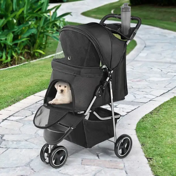 Pet Dog Stroller， Wedyvko 3 Wheels Foldable Dogs and Cat Strollers with Storage Basket and Cup Holder for Small and Medium Cats