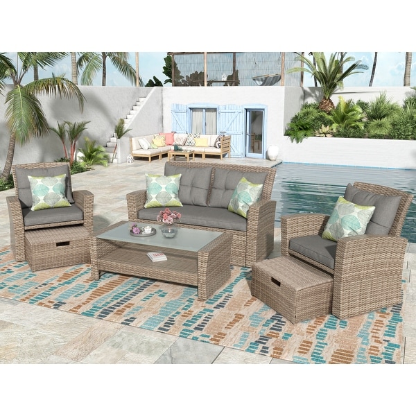 Patio Furniture Set，4 Piece Outdoor Conversation Set All Weather Wicker Sectional Sofa with Ottoman and Cushions for Garden Deck