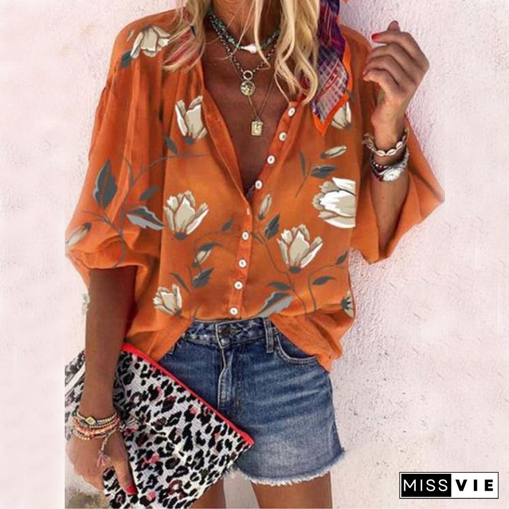 Floral Print Casual V-Neck Blouse