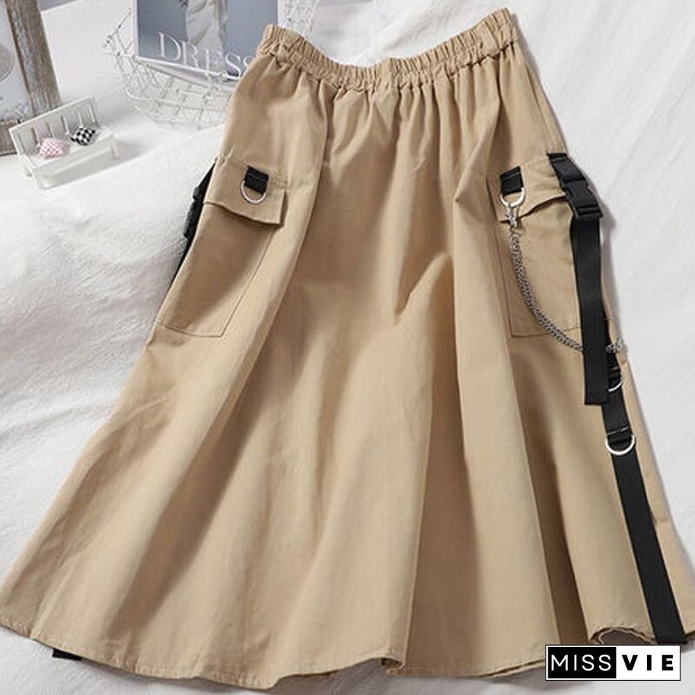 Gothic High Waist Cargo Skirts Woman Harajuku Loose A-line Pocket Midi Skirt Summer Hip Hop Fashion Korean Streetwear Y2k Skirt