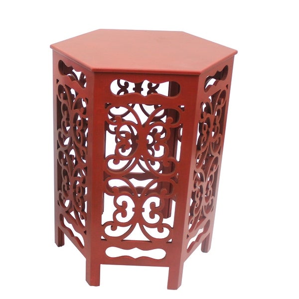 2 Piece Hexagonal Wooden Side Table with Cut Out Details， Red and Blue