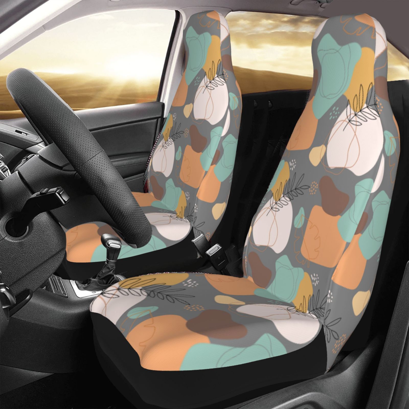 TEQUAN Front Seat Covers， Nordic Style Geometry Lines Pattern 2 Piece Car Seat Cover Fit Most Car SUV Truck Van