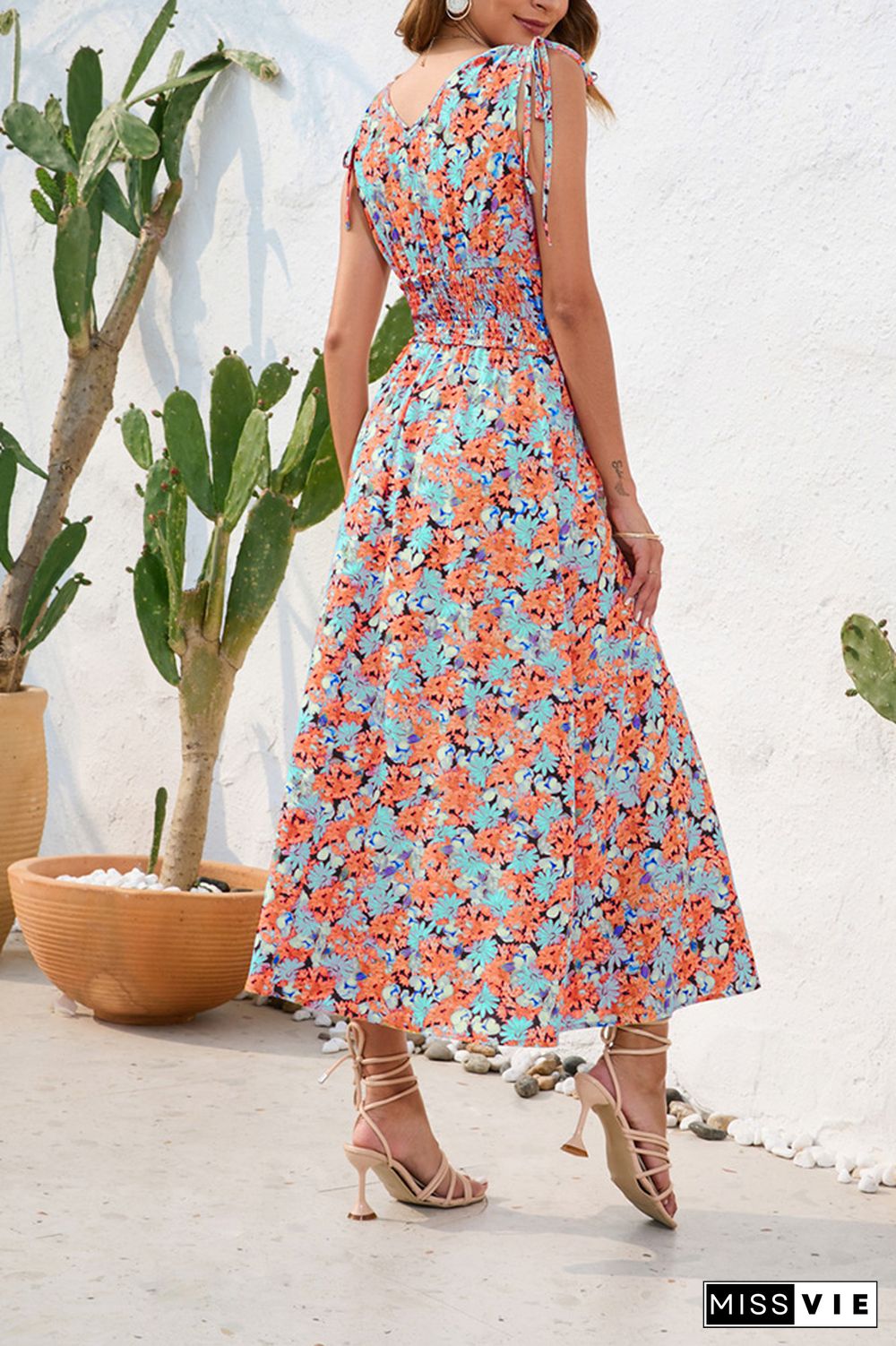 V Neck Floral Print Elastic Waist Dress