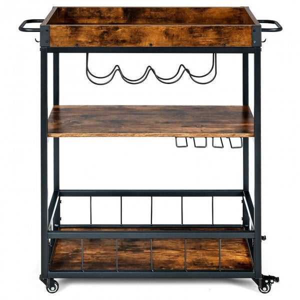 3-Tier Rolling Kitchen Bar Cart with Wine Rack-Rustic Brown - 2