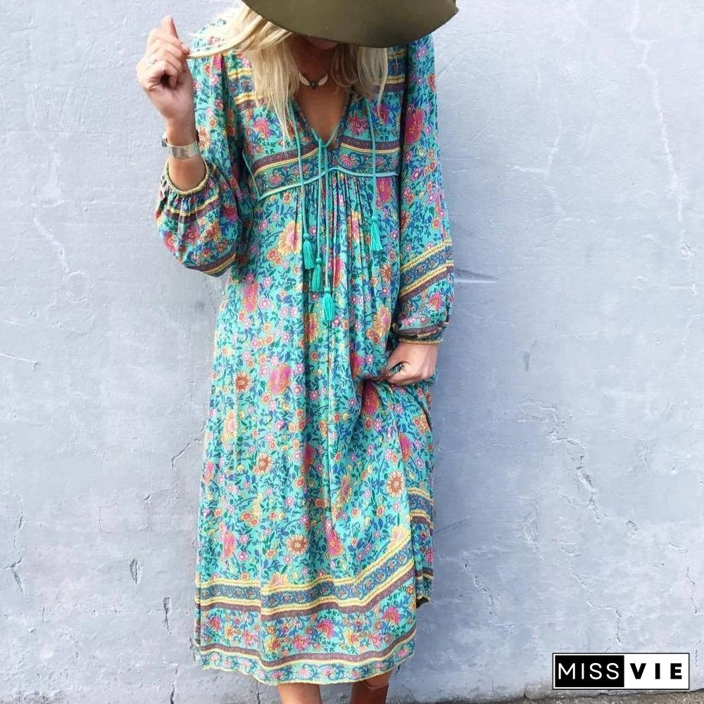 Elegant Boho Long Sleeve Loose Flowing Vacation Midi Dress