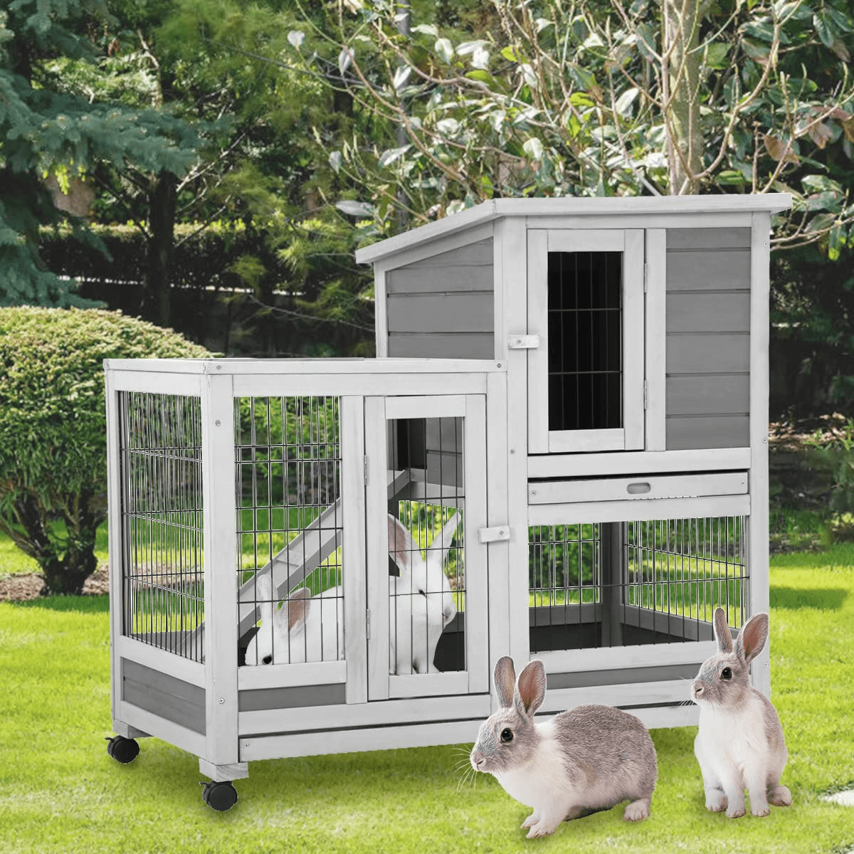 Large Rabbit Cages 37 inch Wood Rabbit Hutch Indoor with Wheels， Indoor Outdoor Two Story， Outdoor Rabbit Houses (Gray)