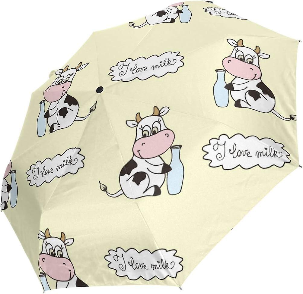 Travel Umbrella Automatic Windproof Foldable Umbrella Cute Cartoon Cow With Milk