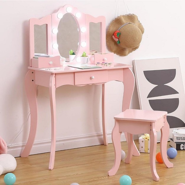 Onesstop 2 In 1 Princess Makeup Desk Dressing Table With Tri fold Mirror amp Storage Shelves pink