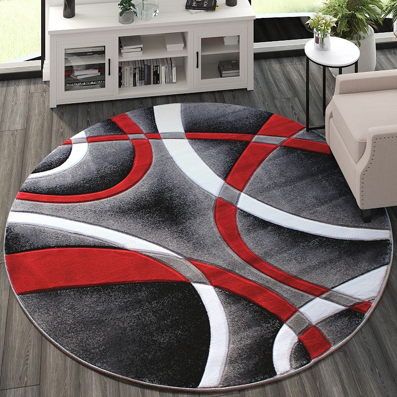 Masada Rugs Masada Rugs Sophia Collection 8'x8' Round Area Rug with Hand Carved Intersecting Arch Design in Red， White， Gray and Black