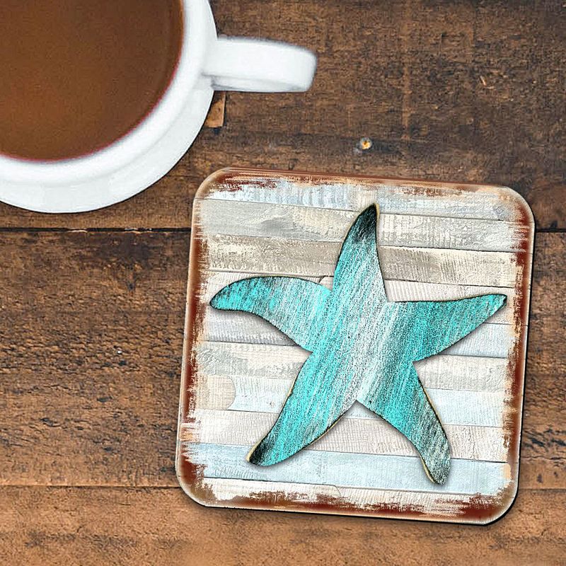 Starfish Coastal Wooden Cork Coasters Gift Set of 4 by Nature Wonders