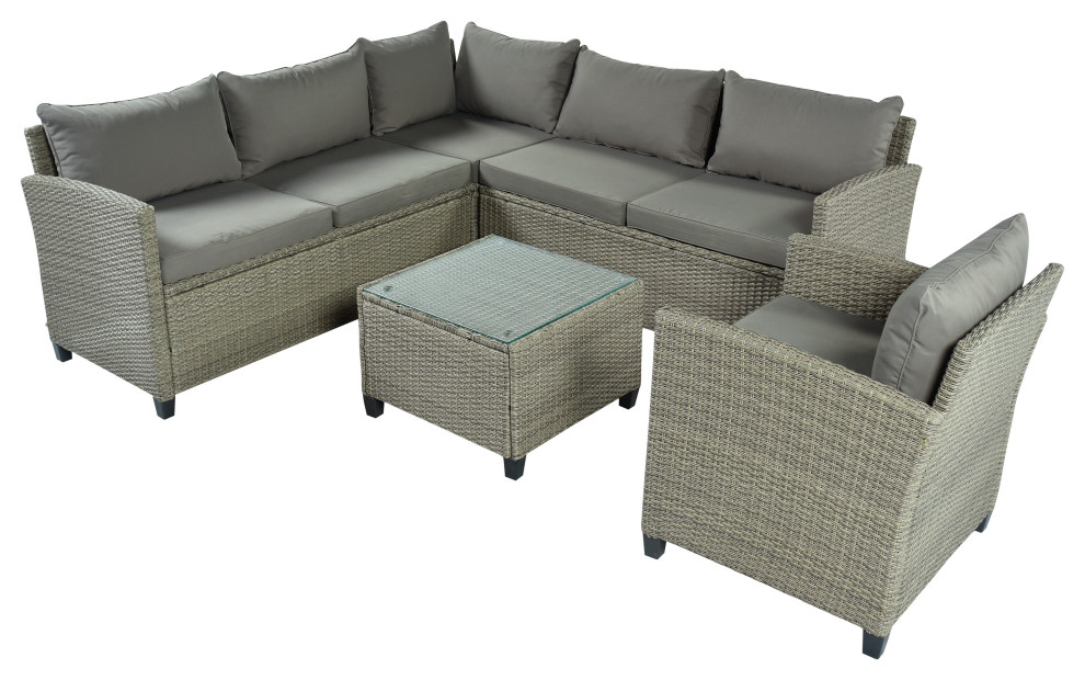 5 Pieces Outdoor Rattan Patio Sectional Sofa Set with Coffee Table   Tropical   Outdoor Lounge Sets   by AquaView Inc  Houzz