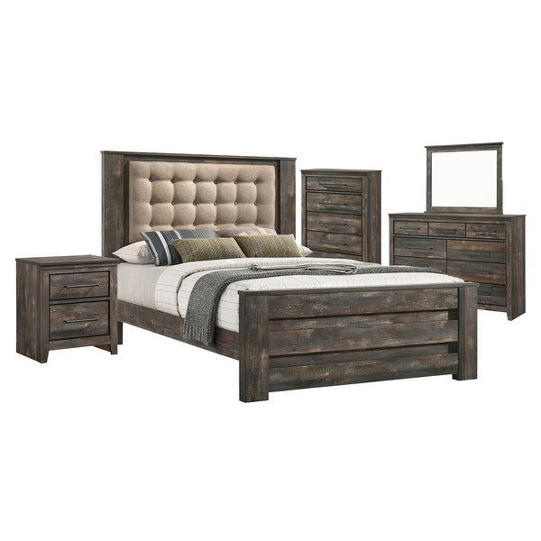 Upholstered Queen Bedroom Set in Latte and Weathered Dark Brown - - 36135830