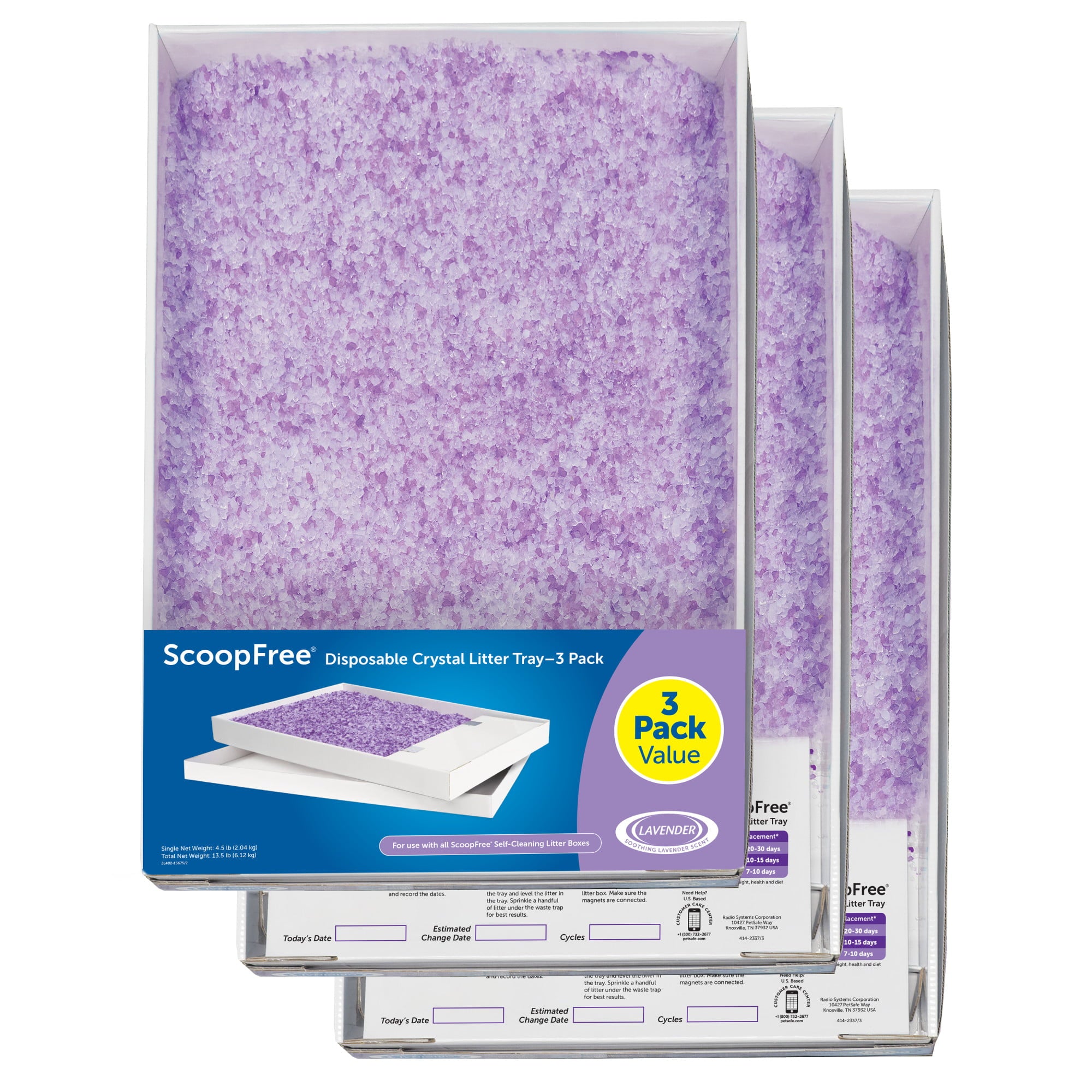 PetSafe ScoopFree Complete Replacement Lavender Scented Crystal Litter Tray， 3-Pack  Easy Cleanup with Disposable Tray  Includes Leak Protection and Low Tracking Litter