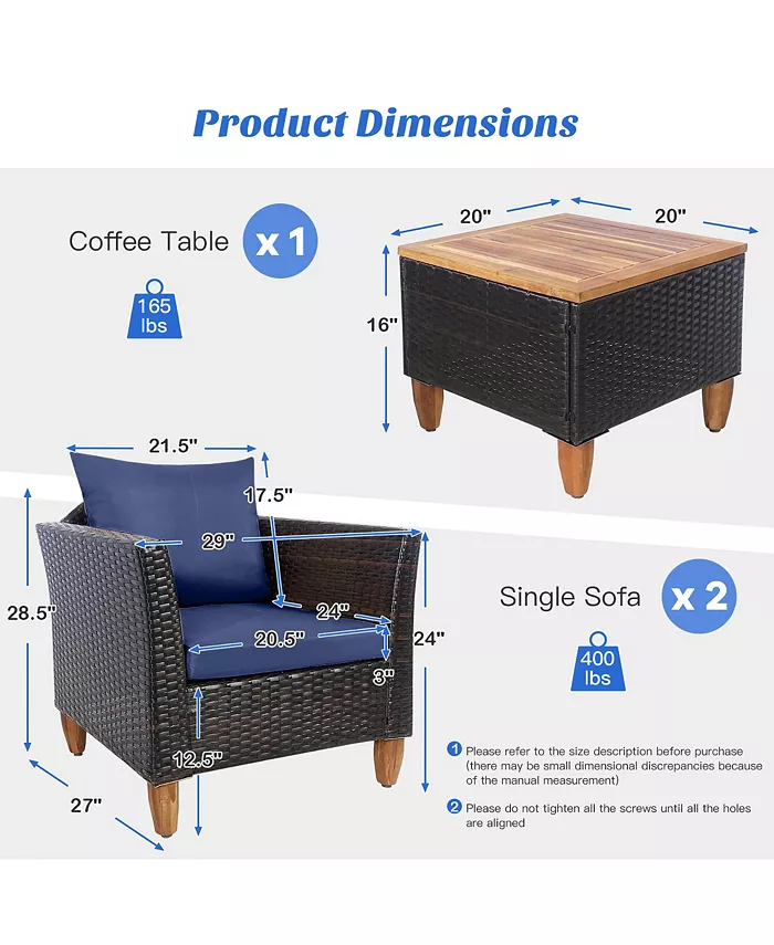 Costway 3PCS Patio Rattan Bistro Furniture Set Wood Table Top Cushion Sofa