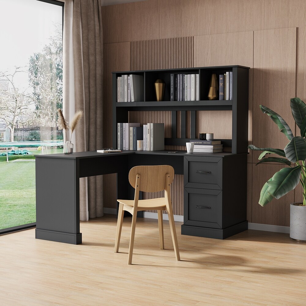 L Shape Home Office Computer Desk with Hutch Study Table with Drawers  Black