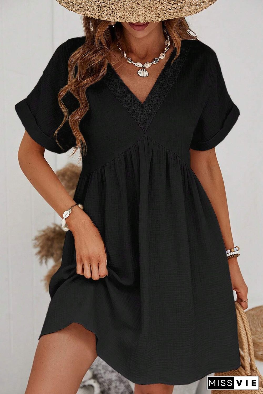 Folded Short Sleeve Lace V Neck Mini Dress