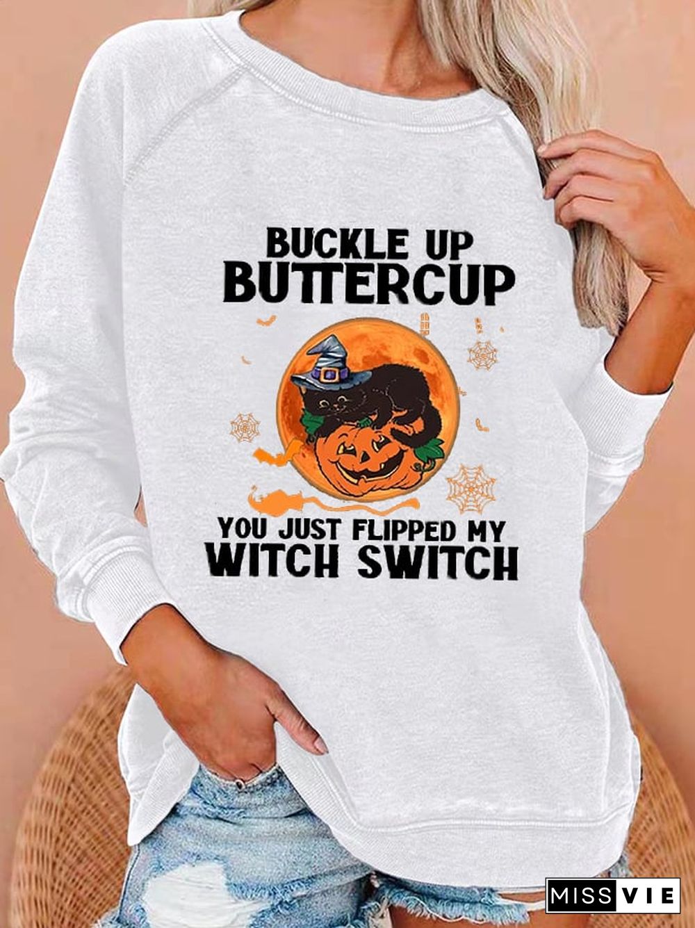 Women's Funny Halloween Buckle Up Buttercup You Just Flipped My Witch Sweatshirt