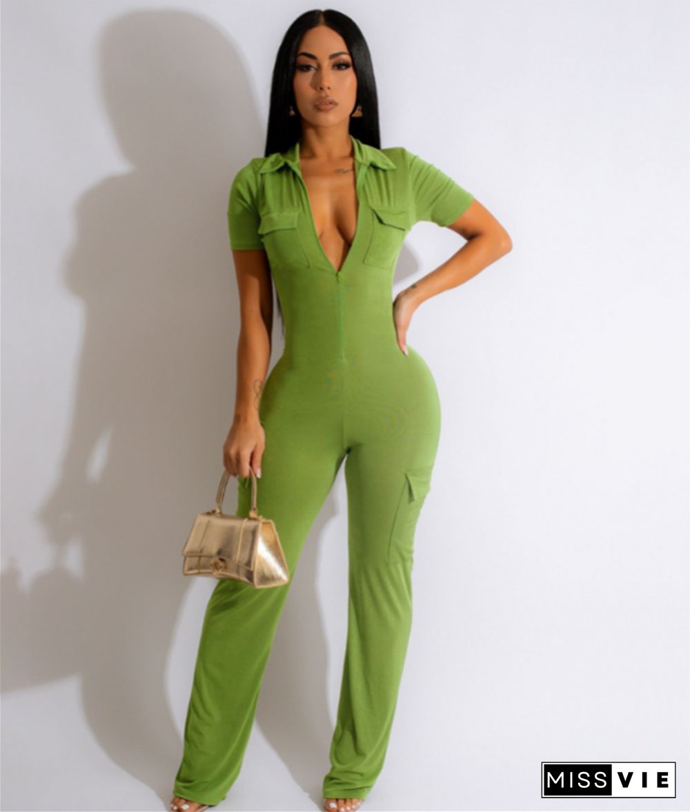 Turn Down Collar Zipper Pockets One Piece Jumpsuit