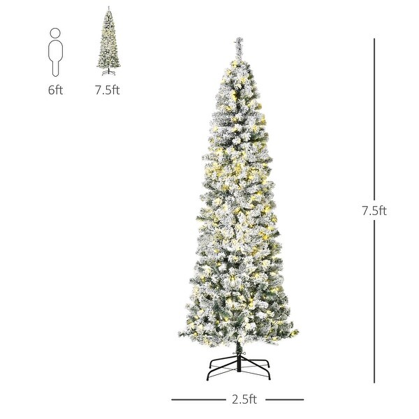 HOMCOM 6FT/7FT/9FT Slim Flocked Christmas Tree with Lights，Skinny Christmas Tree with Stand