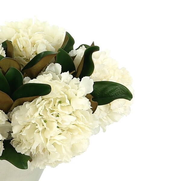 Hydrangea and Magnolia Leaf Arrangement in a Metal Vase