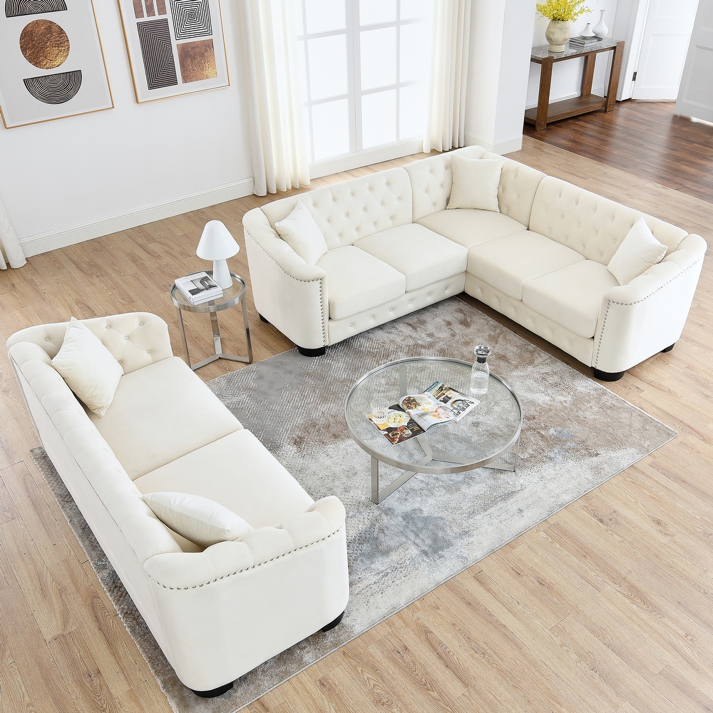 2 Piece Sofa Sets Luxurious Velvet Upholstered Corner Sofa+3 Seater Combination Sofa with Nailhead Trim and 5 Pillows